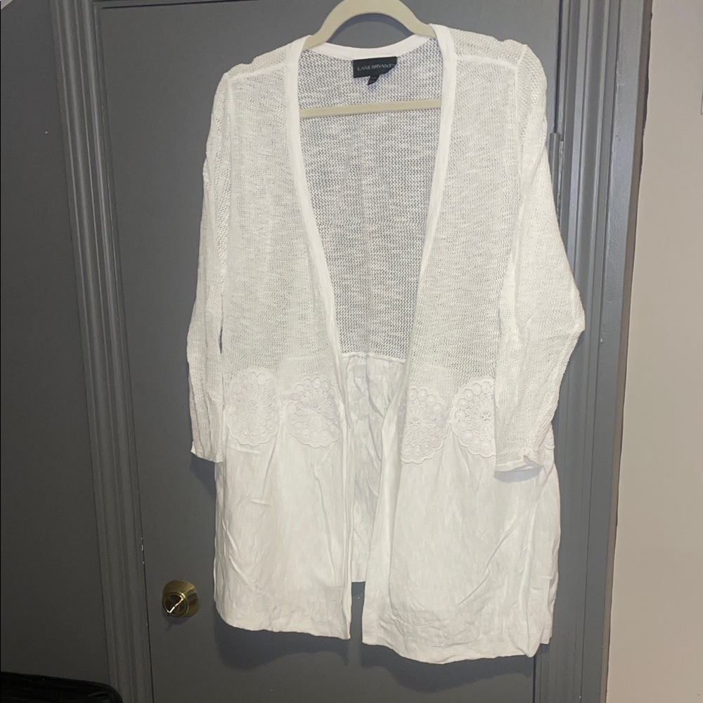 Lane Bryant White Open-Front Knit & Woven Mixed Cardigan